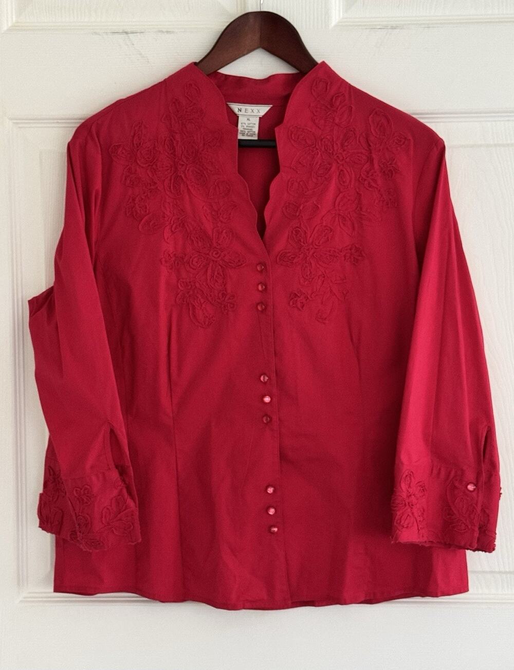 Nexx Fuchsia Pink Top Blouse Floral Embroidered Buttons Cotton Blend Shirt Sz XL